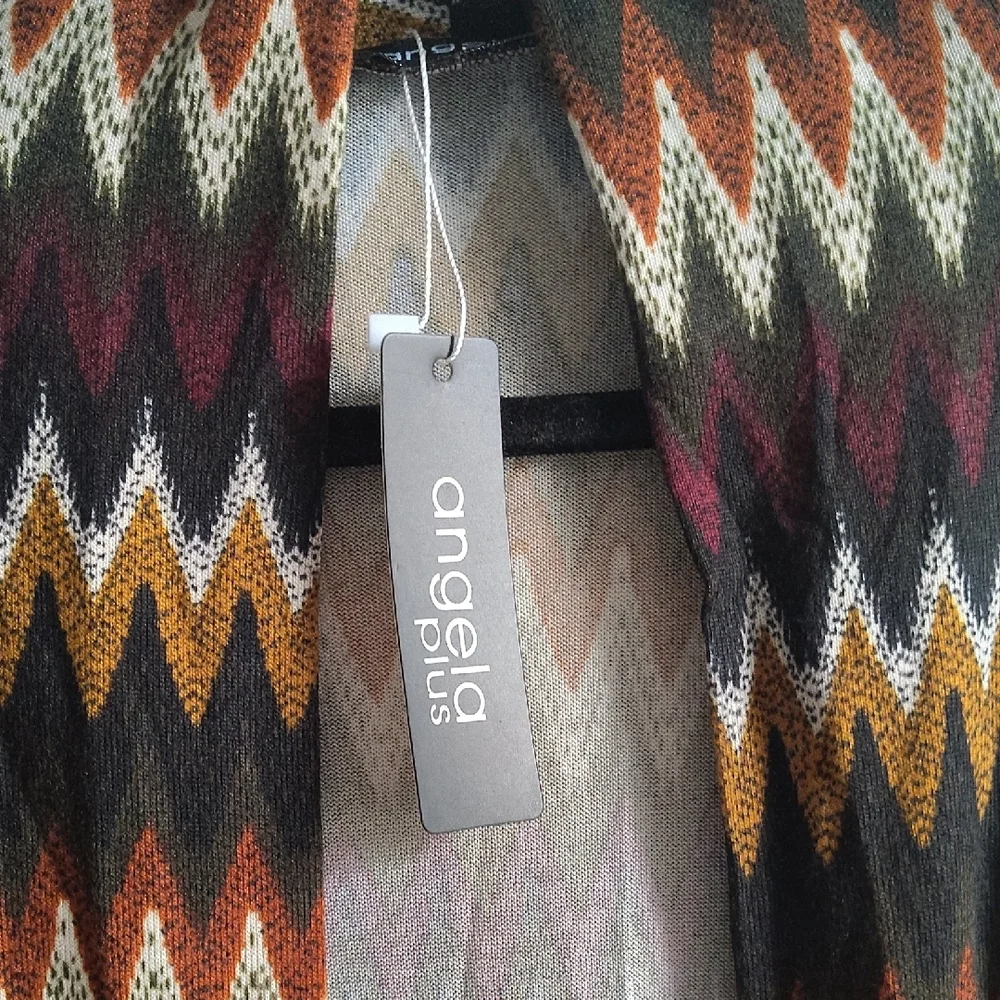 Angie Multicolor Zigzag Cardigan | Boho Open Front Duster Sweater S,  1X